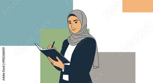 Young professional Muslim woman wearing a modern hijab diligently takes notes in an open notebook smiling confidently