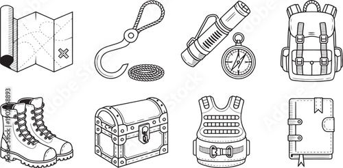 A set of detailed outline icons illustrates necessary equipment for exploration and survival, showing a map, hook, flashlight, compass, and boots.