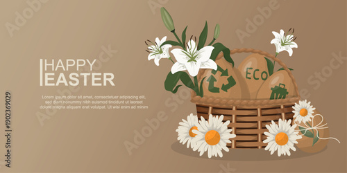 Happy Easter banner. Eco-Friendly Flower Basket Greeting Card. white daisies and lilies in wicker basket featuring eco-friendly design for sustainable spring holiday celebrations. Vector illustration.