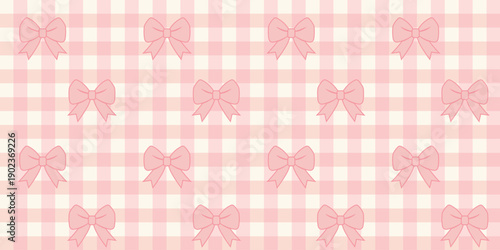 Seamless pattern of pink bows on vertical light pink and white stripes. Elegant decorative design ideal for wallpaper, fabric, gift wrap, feminine themes, and creative stock photography projects.
