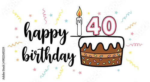 Happy 40th Birthday Cake with Candle and Confetti Celebration Illustration