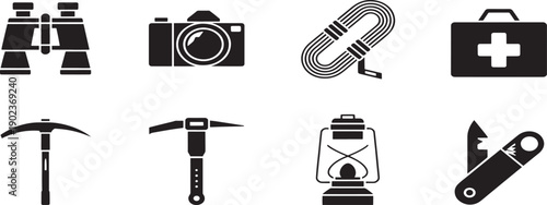 A collection of eight black silhouette icons displays essential outdoor adventure gear including binoculars, a camera, rope, and a first aid kit.