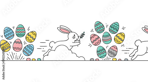 Easter Bunny illustration with colorful eggs and grass, concept of holiday celebration