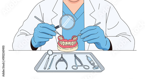 Professional Dentist Examining Dentures with Magnifying Glass and Tools in Clinic for Dental Care