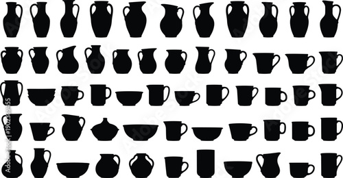 Collection of ceramic jug, mug, bowl, and cup silhouettes isolated on white background representing kitchenware, pottery, drinkware, and tableware items