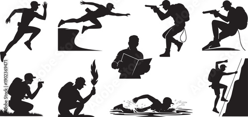 Collection of diverse action silhouette icons depicts running, leaping, armed engagement, reading, swimming, and rock climbing activities for adventure concepts.