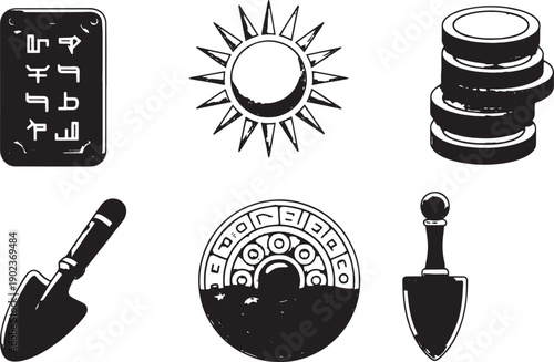 A compilation of six distinct black and white symbols includes ancient script, a shining sunburst, stacked coins, two trowels, and a circular rune stone.