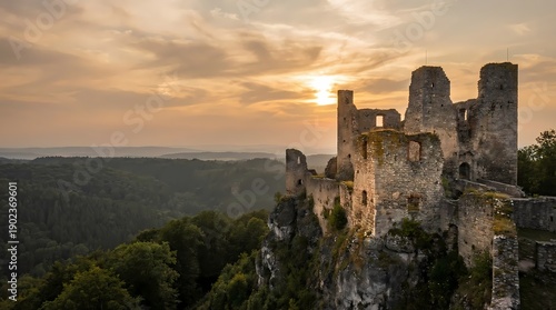 Ancient castle ruins on cliffside at sunset with lush forest landscape