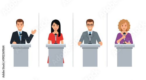 Four Diverse Candidates Speaking at Podiums Separated by Panels for Political or Business Debate