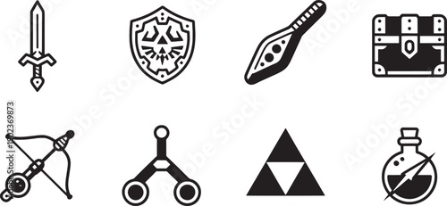 Assortment of eight distinct adventure game inventory icons including weapons, shields, potions, and treasures displayed in black and white.