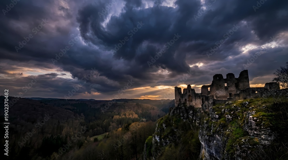 Fototapeta premium Mysterious ancient castle ruins on cliff at dramatic sunset