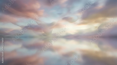 Dreamy pastel clouds reflected on serene lake surface at sunset