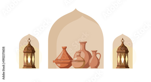 Three Arches Containing Traditional Arabic Lanterns and Ceramic Pots for Ramadan and Cultural Theme