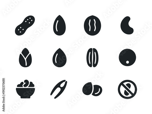 Assortment of nut and seed icons with food related symbols