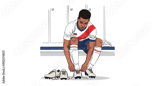 Illustration of a male soccer player tying his shoelaces in a locker room with a white background.