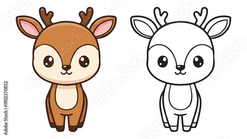 Cute cartoon deer and outline for coloring book or kids activity