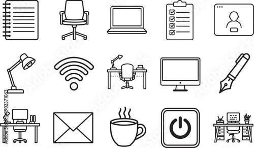 Minimalistic line art of office, featuring workspace essentials for creativity and efficiency, perfect for digital designs.
