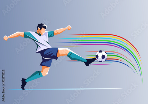 Dynamic footballer with vibrant streaks kicks a soccer ball, perfect for sportsthemed designs, sports blogs, football articles, and posters
