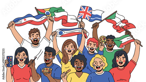 Diverse group of people celebrating with flags from various countries on a white background in a vibrant and joyful scene.
