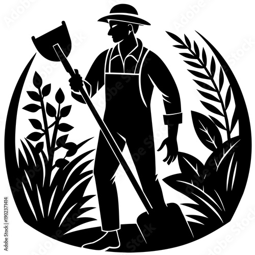 Silhouette of gardener with spade, gardening vector isolated on White Background