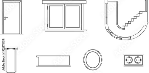 Architectural House Elements Set, Flat Vector Icons of Door Window Stairs and Electrical Socket