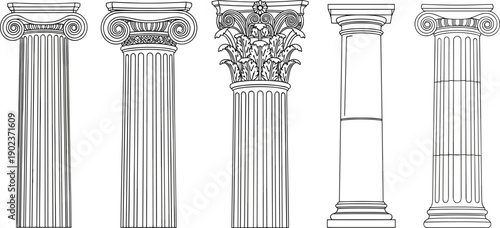 Classical Greek and Roman Architectural Columns, Minimalist Black Line Vector Illustration Set