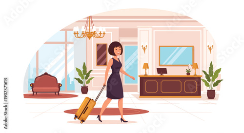 Fashionable Woman with Yellow Suitcase Walking through Elegant Hotel Lobby towards Reception Desk