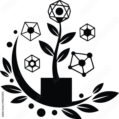 Creative abstract vector illustration of growing plant in pot with geometric molecular shapes and hexagons for biotechnology concept.