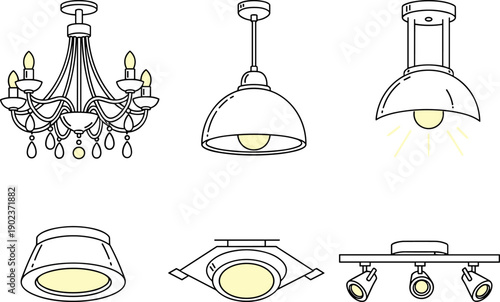 Modern Interior Lighting Icon Set, Ceiling Lamps and Luxury Chandelier Flat Vector Illustration