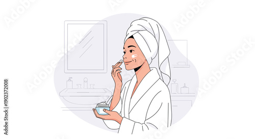 Woman in Bathrobe and Towel Turban Applying Face Cream in Bathroom for Morning Beauty Routine