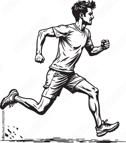 A dynamic black and white illustration of a determined runner in action, capturing the essence of movement and the spirit of a runner.