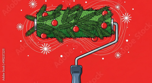 Festive christmas paint roller with holly and red berries on a red background with snowflakes