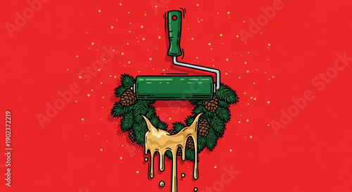 Green paint roller with yellow paint dripping on christmas wreath decoration against red background with snowflakes
