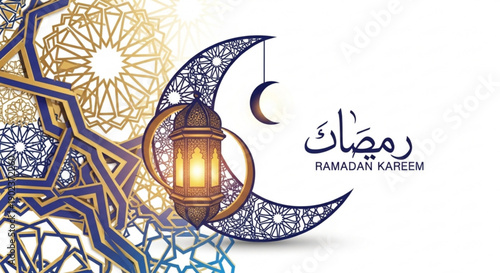 Ramadan kareem celebration with crescent moon lantern and intricate islamic patterns on white background