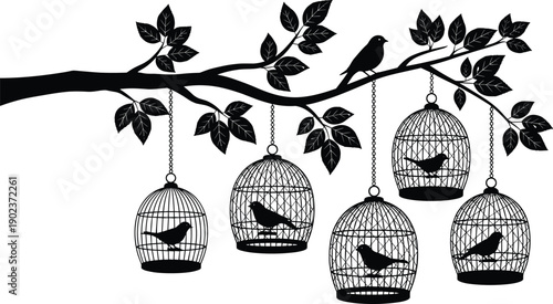 Birdcage silhouettes hanging from tree branch illustration with birds, nature symbolism, freedom concept, decorative vintage style vector art isolated on white background