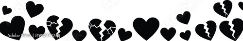 A collection of black hearts with some broken and cracked on a white background