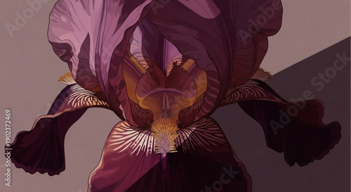 Close up of a vibrant purple iris flower with yellow and orange details set against a contrasting brown background