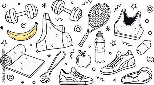 A collection of fitness equipment and healthy snacks for a active lifestyle