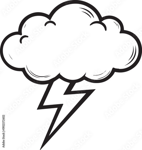 A stylized black and white illustration depicts a dramatic storm cloud accompanied by a striking lightning bolt, embodying the raw power and unpredictability of nature.