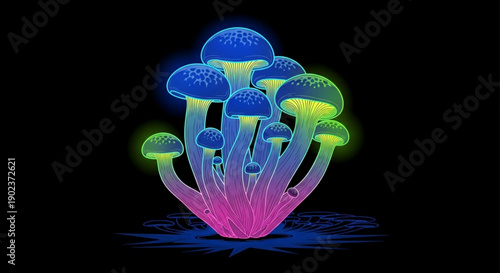 Vibrant neon glowing mushrooms cluster illustration with blue and green caps on black background creating psychedelic atmosphere