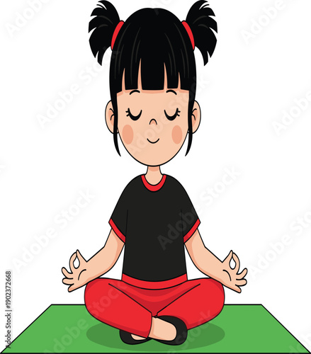 Child meditating, cartoon illustration, yoga pose, mindfulness, inner peace, green mat, calm expression, self-care, relaxation, mental wellness, cross-legged position, black hair, red outfit