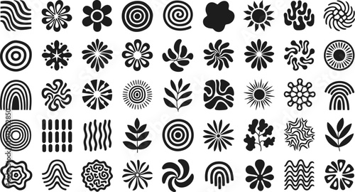 A collection of various black floral and geometric shapes on a white background