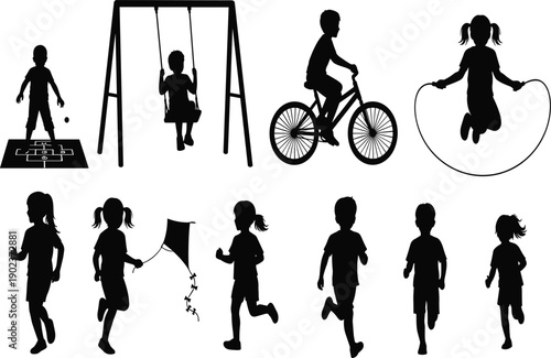 Children playing outdoors, silhouette of kids running, cycling, jumping rope, swinging, flying kites in a fun playground activity
