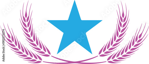 A bold blue five pointed star centered between elegant magenta wheat ears on a pristine white background