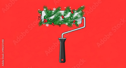 Christmas decorated paint roller with green leaves and red berries on red background