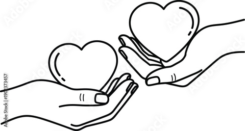 Two hands gently offering hearts in a delicate line drawing style on transparent background silhouette high quality professional detailed modern elegant