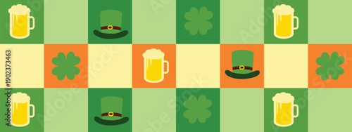 Saint Patrick’s Day Geometric Bauhaus Seamless Pattern with Clover, Beer and Leprechaun Hat – Modern Irish Holiday Tile
