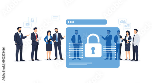 Diverse Business Group next to Large Digital Screen with Padlock Icon for Cybersecurity and Data Safety
