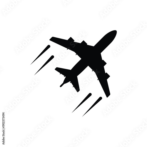 Airplane Silhouette with Motion Lines, Flying Aircraft Icon and Air Travel Concept
