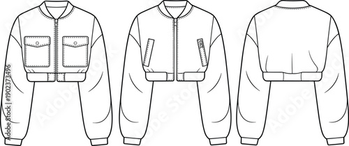 CAD flat sketch of women’s ultra-cropped bomber jacket with flap chest pockets, ribbed cuffs, and waistband